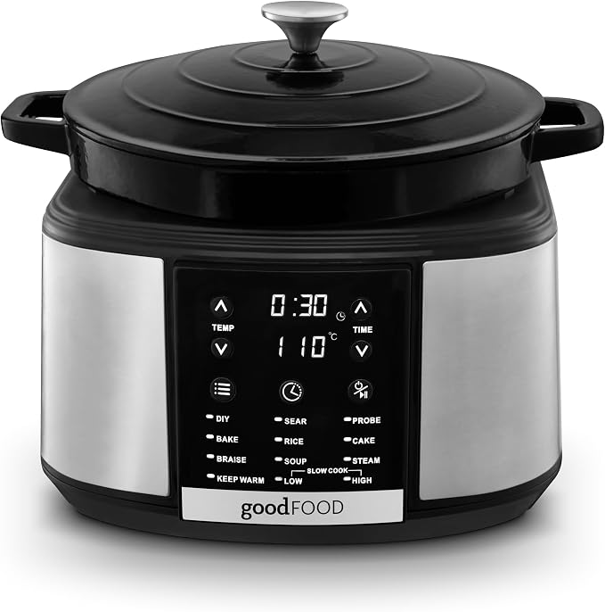 Good Food Electrical Dutch Oven with 12 Cooking Pre-Sets, Removable Cast Iron Pot, Cast Iron, 12 Hour Timer, 1500W, Black & Stainless Steel, Gf16012