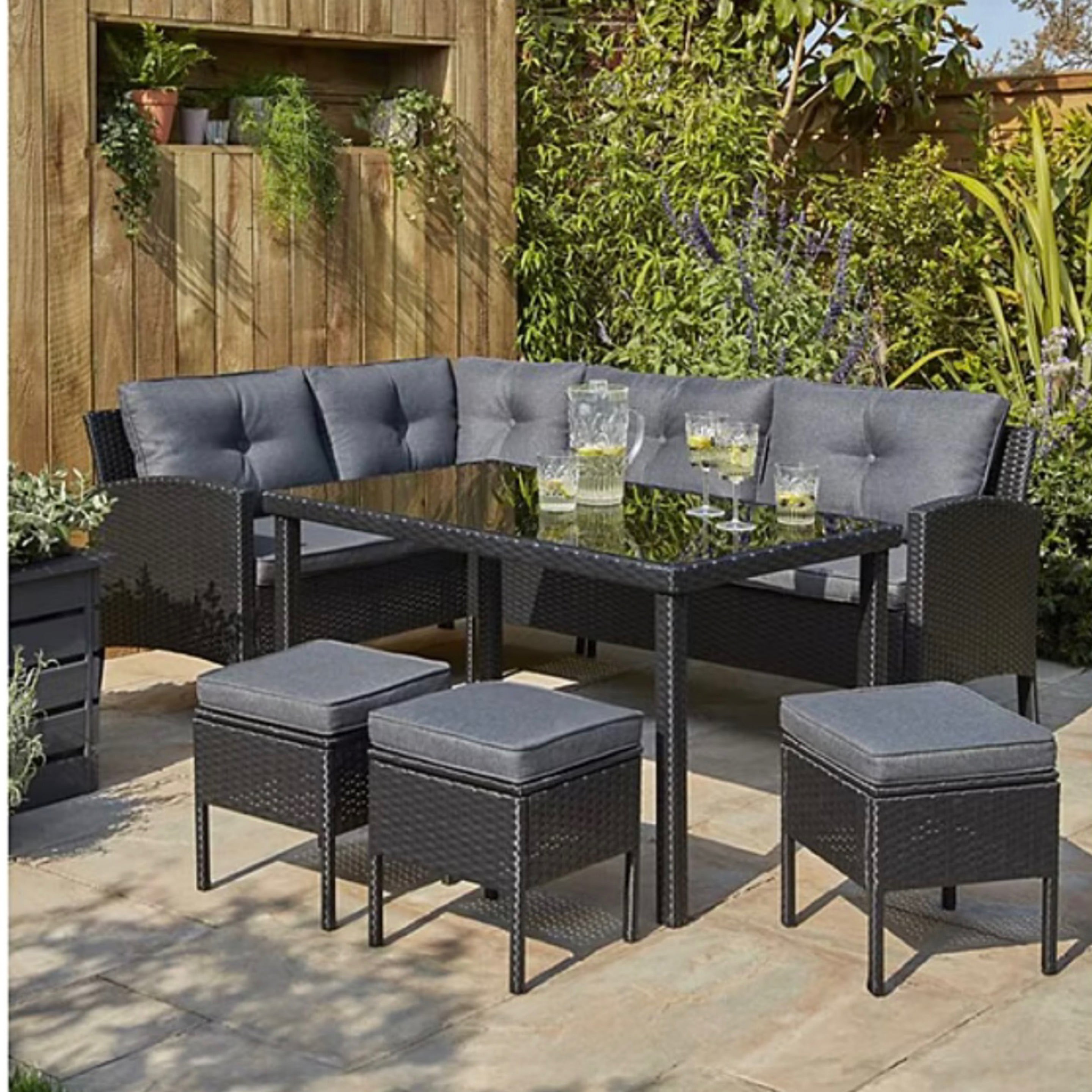 Black Orlando Outdoor Corner Rattan Sofa Dining Set 5 Piece