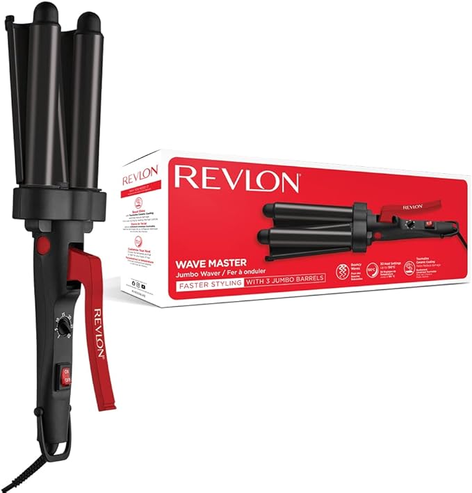 Revlon Wave Master Jumbo Waver (Three-Prong Jumbo Barrels, Tourmaline Ceramic Coating, 30 Heat Settings Up to 190°C) RVIR3056UK